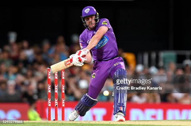 James Faulkner of the Hurricanes plays a shot during the Big Bash League match between the Brisbane Heat and the Hobart Hurricanes at The Gabba, on...