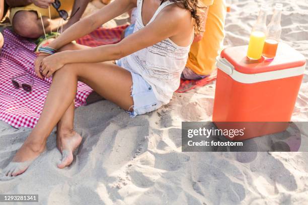 entspannen am strand bei einem picknick und genießen sie erfrischende cocktails - kühlbehälter stock-fotos und bilder