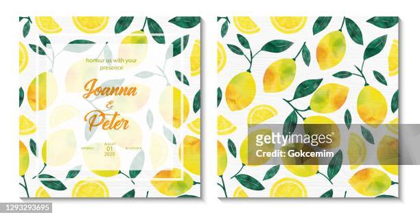 ilustrações de stock, clip art, desenhos animados e ícones de wedding invitation card design with watercolor lemons and leaves. wedding concept, design element. - limoeiro