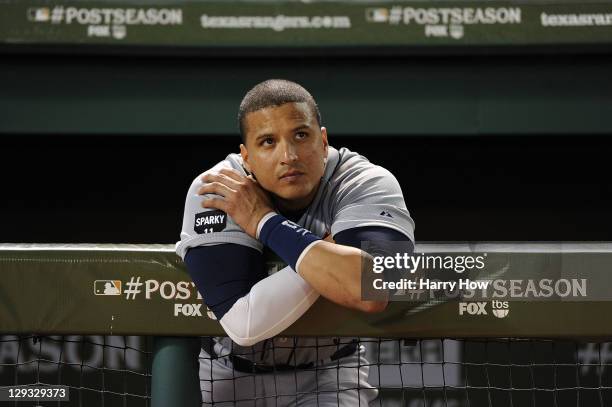 Victor Martinez of the Detroit Tigers reacts after deing defeated in Game Six of the American League Championship Series by the Texas Rangers...