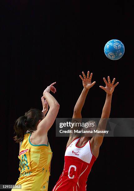 Madison Browne of Australia shoots the ball as Serena Guthrie of England defends during game three of the International Test series between the...