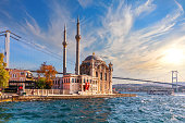 Ortakoy Mosque and the Bosphorus bridge at sunset, Istanbul, Turkey
