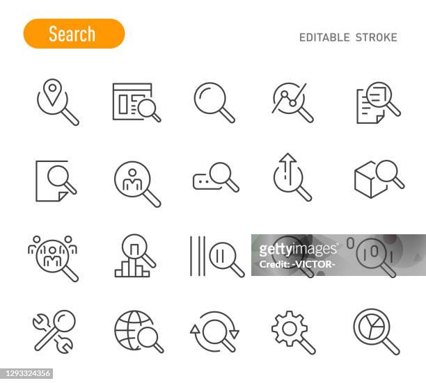 ilustrações de stock, clip art, desenhos animados e ícones de search icons - line series - editable stroke - magnify