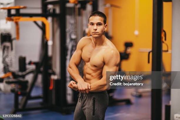 muscular man posing in a gym - body image stock pictures, royalty-free photos & images