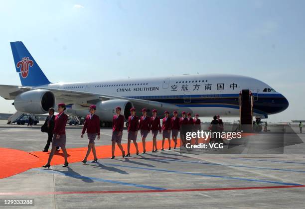 An Airbus A380 of China Southern Airlines arrives at Beijing Capital International Airport on October 15, 2011 in Beijing, China. China Southern...