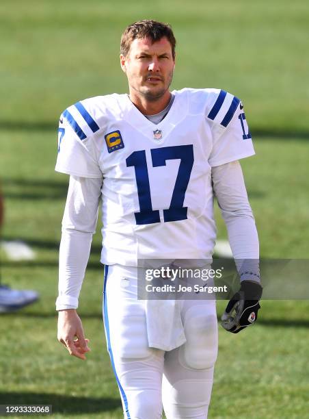 Quarterback Philip Rivers of the Indianapolis Colts looks on during warm-up before the game against the Pittsburgh Steelers at Heinz Field on...