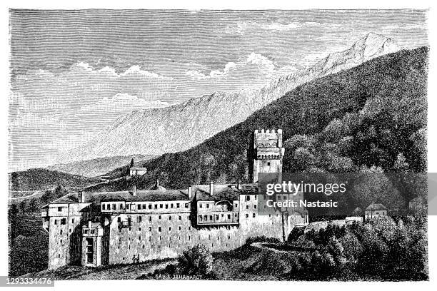 karakallou monastery (built in mid 16th century), mount athos, greece - macedonia greece stock illustrations