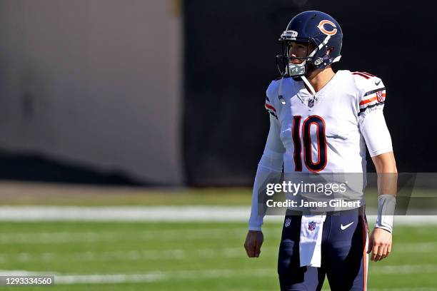 Mitchell Trubisky of the Chicago Bears looks on before the game against the Jacksonville Jaguars at TIAA Bank Field on December 27, 2020 in...