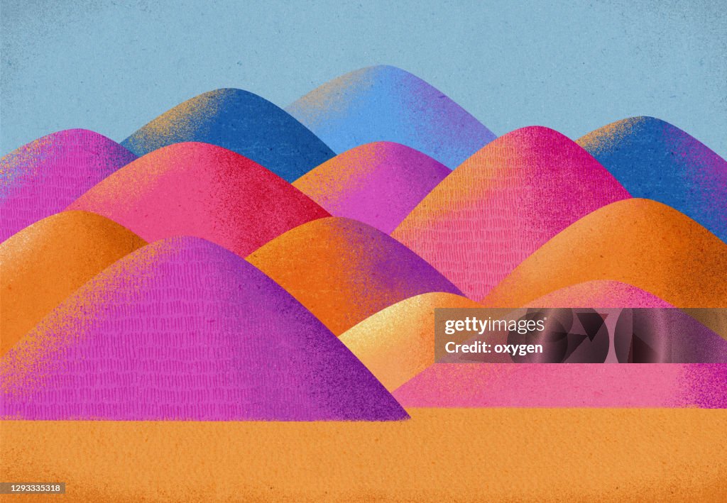 Abstract Vibrant Mountains Idyllic Desert Landscape. Multi colored Textured Art