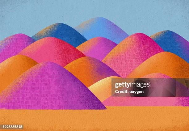 abstract vibrant mountains idyllic desert landscape. multi colored textured art - art product imagens e fotografias de stock