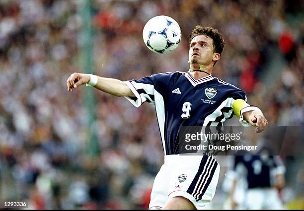 Predrag Mijatovic of Yugoslavia on the ball during the World Cup group F game against Iran at the Stade Geoffroy Guichard in St Etienne, France....
