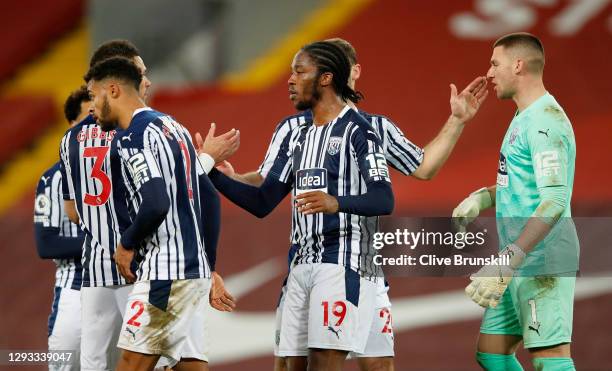 Kieran Gibbs, Darnell Furlong, Romaine Sawyers and Sam Johnstone of West Bromwich Albion interact after the Premier League match between Liverpool...