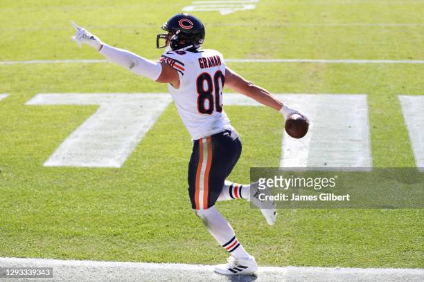 Jimmy Graham of the Chicago Bears celebrates after scoring a touchdown against the Jacksonville Jaguars in the first quarter at TIAA Bank Field on...