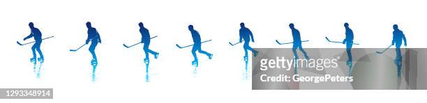 stockillustraties, clipart, cartoons en iconen met sequentiële reeks hockeyspelers die op een bevroren vijver schaatsen - sequential series