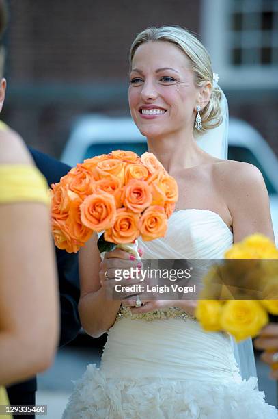 Sports anchor Lindsay Czarniak is seen outside of the church on her wedding day on October 15, 2011 in Washington, DC.