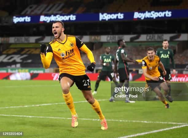 Romain Saiss of Wolverhampton Wanderers celebrates after scoring their team's first goal during the Premier League match between Wolverhampton...