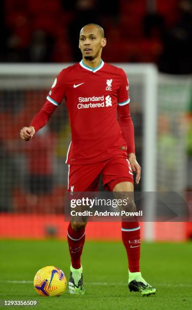 Fabinho of Liverpool during the Premier League match between Liverpool and West Bromwich Albion at Anfield on December 27, 2020 in Liverpool, England.