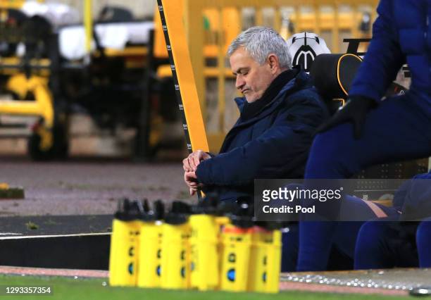 Jose Mourinho, Manager of Tottenham Hotspur reacts during the Premier League match between Wolverhampton Wanderers and Tottenham Hotspur at Molineux...