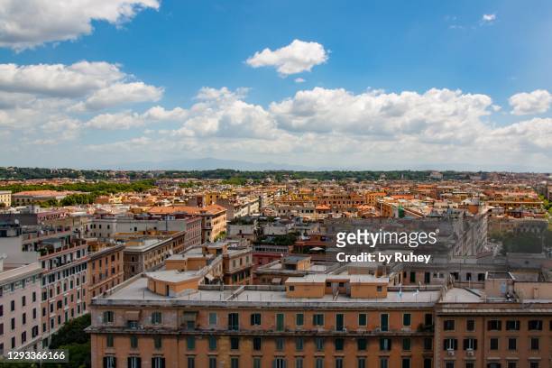 panoramic view of several streets of rome on a sunny day with fluffy clouds in the background, italy - ancient rome city stock pictures, royalty-free photos & images