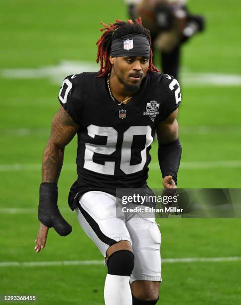 Cornerback Damon Arnette of the Las Vegas Raiders runs on the field before a game against the Miami Dolphins at Allegiant Stadium on December 26,...