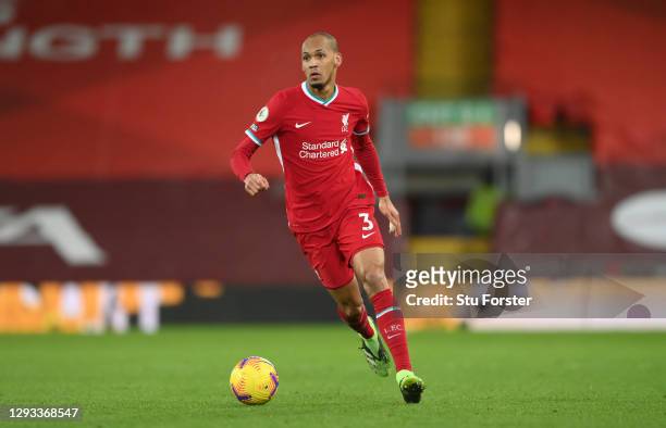 Liverpool player Fabinho in action during the Premier League match between Liverpool and West Bromwich Albion at Anfield on December 27, 2020 in...