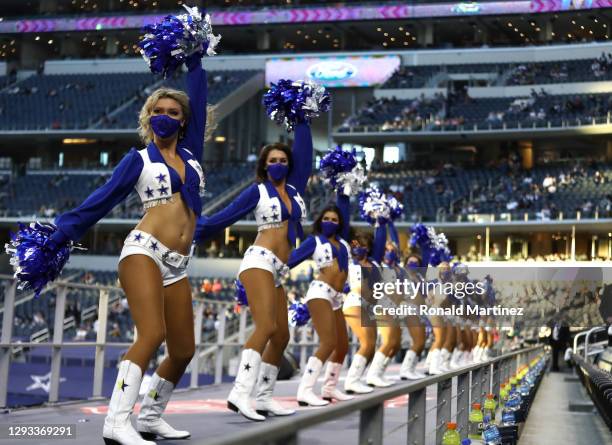 The Dallas Cowboys cheerleaders perform while wearing masks in the game against the Philadelphia Eagles at AT&T Stadium on December 27, 2020 in...