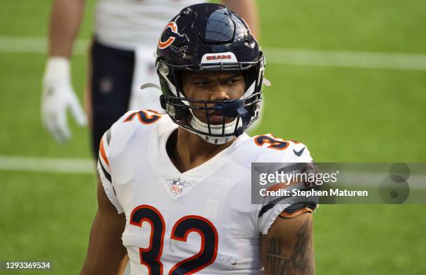 David Montgomery of the Chicago Bears warms up before the game against the Minnesota Vikings at U.S. Bank Stadium on December 20, 2020 in...