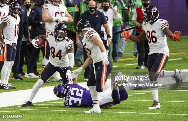 Cordarrelle Patterson of the Chicago Bears is tackled by Cordrea Tankersley of the Minnesota Vikings in the first quarter of the game at U.S. Bank...