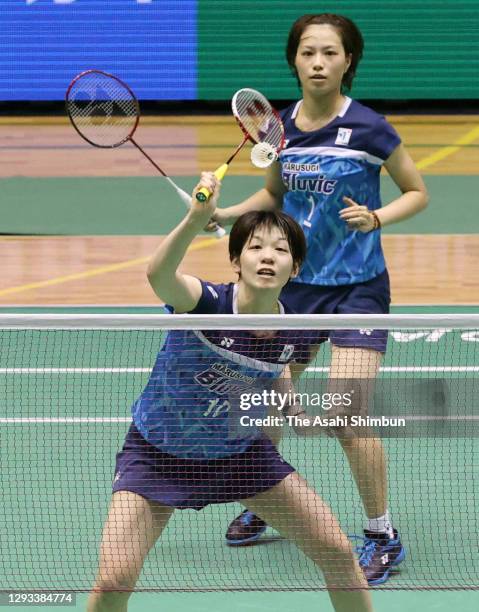 Yuki Fukushima and Sayaka Hirota compete in the Women's Doubles final against Wakana Nagahara and Mayu Matsumoto on day six of the 74th All Japan...