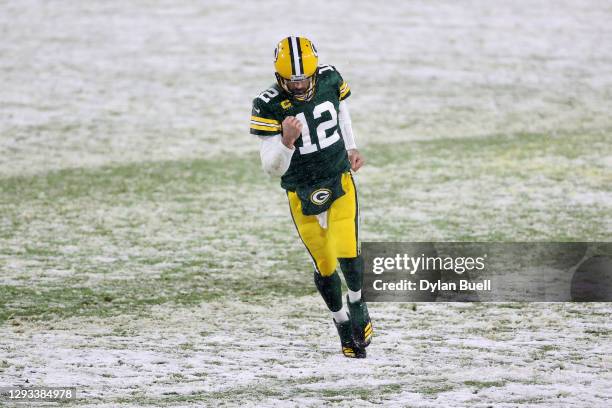 Quarterback Aaron Rodgers of the Green Bay Packers celebrates a touchdown pass to Equanimeous St. Brown against the Tennessee Titans during the...