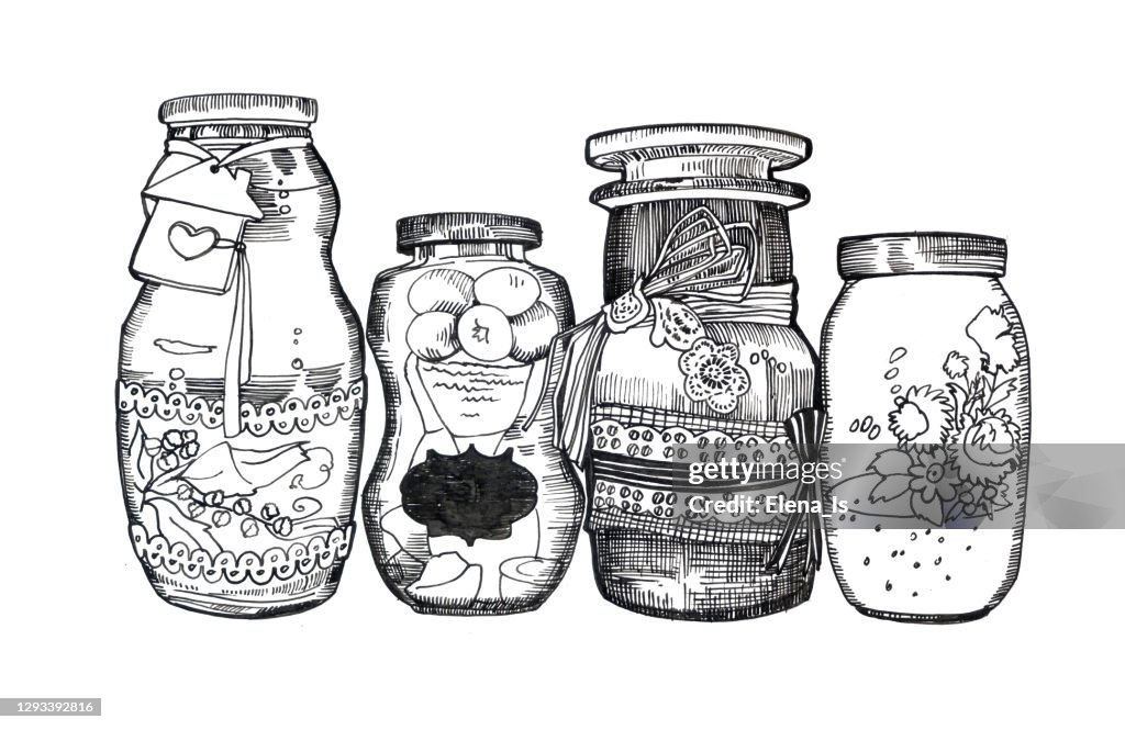 Ink, pen. cans of bulk products for cooking. illustration