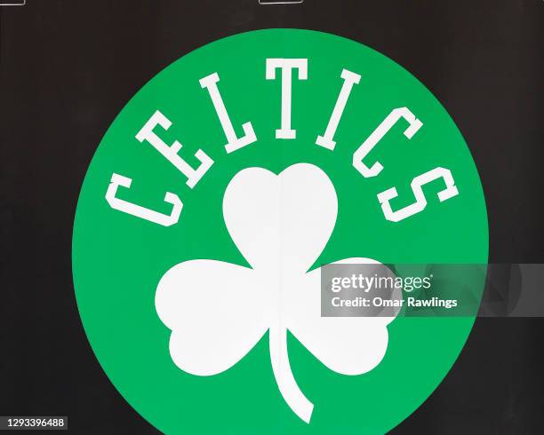 The Boston Celtics logo on the boards before the game between the Boston Celtics and the Brooklyn Nets at TD Garden on December 25, 2020 in Boston,...