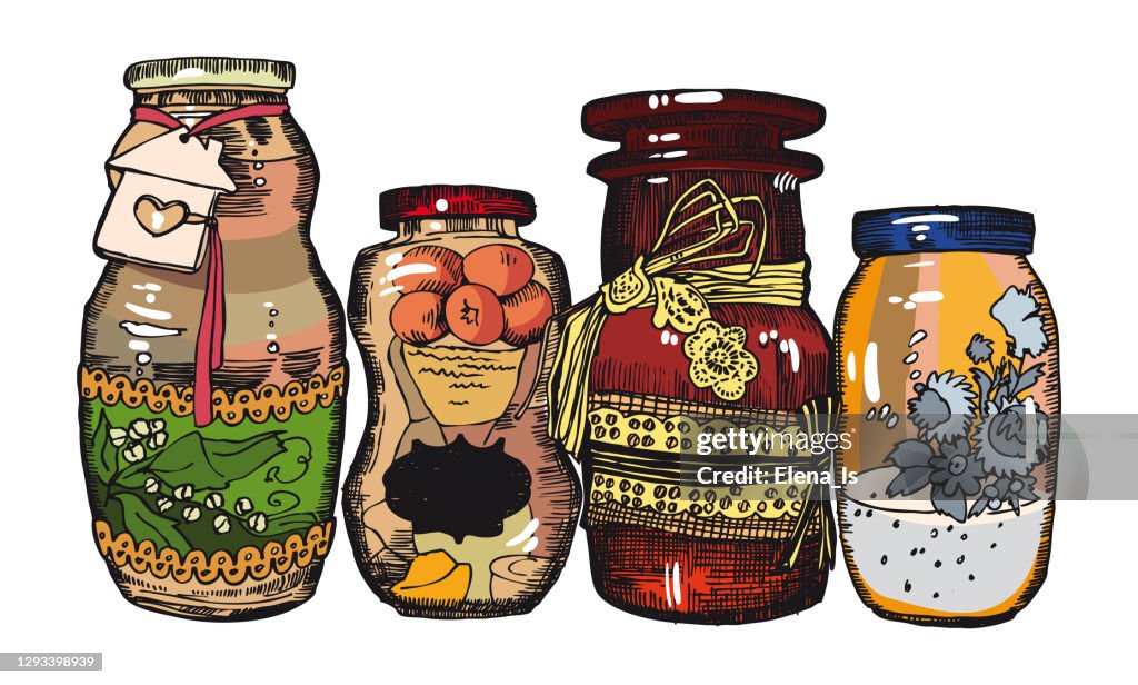 Ink, pen. cans of bulk products for cooking. illustration vector