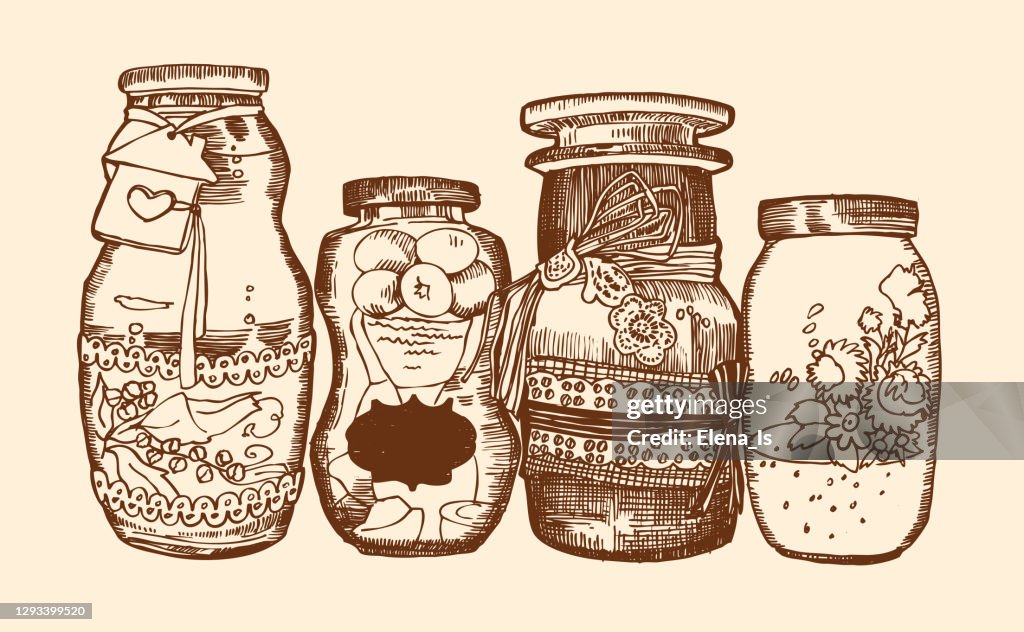 Ink, pen. cans of bulk products for cooking. illustration vector