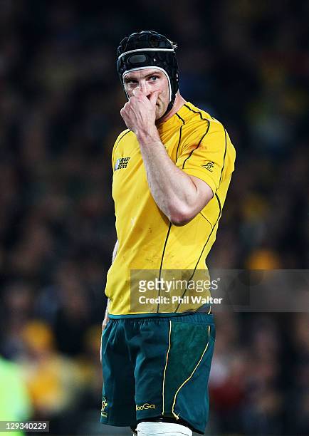 Dan Vickerman of the Wallabies looks on dejected during semi final two of the 2011 IRB Rugby World Cup between New Zealand and Australia at Eden Park...