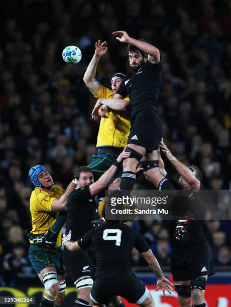 Sam Whitelock of the All Blacks and Dan Vickerman of the Wallabies go up for the line out ball during semi final two of the 2011 IRB Rugby World Cup...