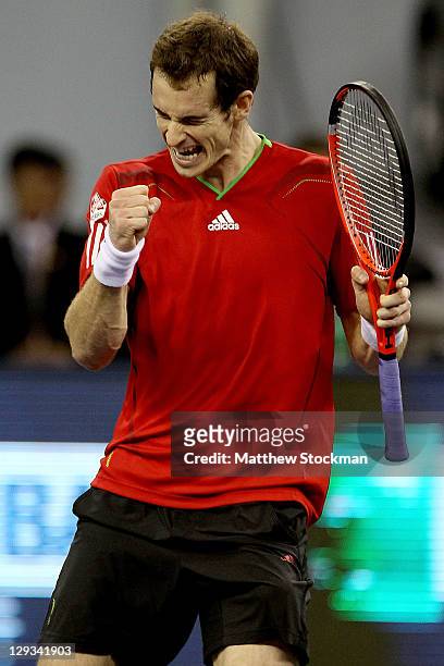 Andy Murray of Great Britain celebrates match point against David Ferrer of Spain during the final of the Shanghai Rolex Masters at the Qi Zhong...
