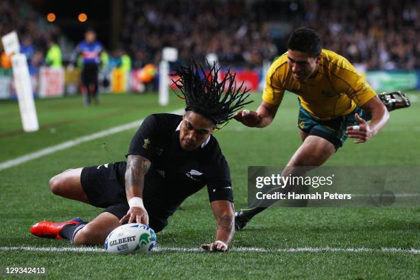 Ma'a Nonu of the All Blacks goes over to score their first try during semi final two of the 2011 IRB Rugby World Cup between New Zealand and...