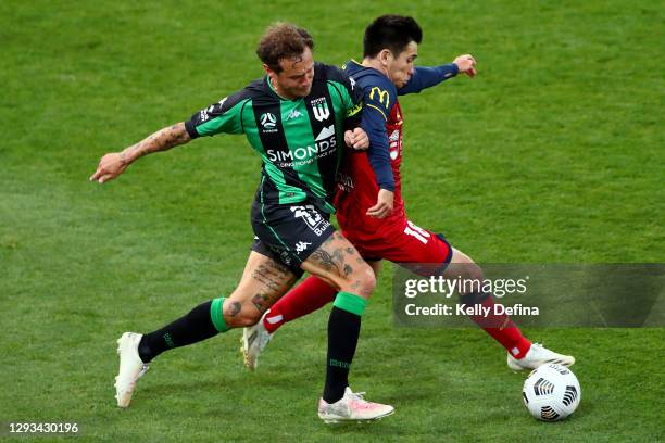 Alessandro Diamanti of Western United and Joe Caletti of Adelaide United competes for the ball during the A-League match between Western United FC...