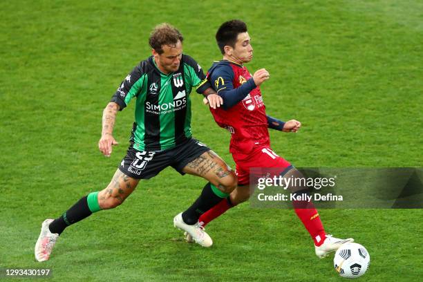 Alessandro Diamanti of Western United and Joe Caletti of Adelaide United competes for the ball during the A-League match between Western United FC...