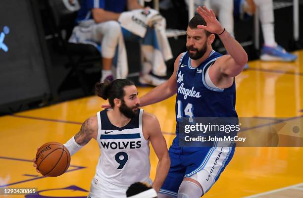 Marc Gasol of the Los Angeles Lakers guard"u2019s Ricky Rubio of the Minnesota Timberwolvesat Staples Center on December 27, 2020 in Los Angeles,...