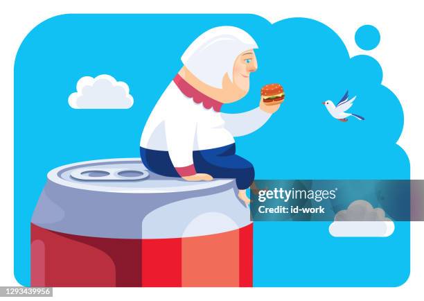 senior woman sitting on big soda can and holding hamburger - all you can eat stock illustrations