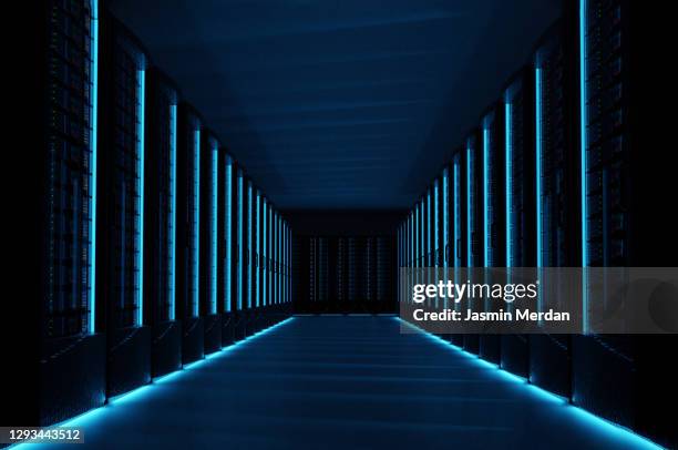 dark servers data center room with computers and storage systems - computeronderdeel stockfoto's en -beelden