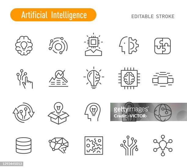 illustrazioni stock, clip art, cartoni animati e icone di tendenza di icone di intelligenza artificiale - serie linea - tratto modificabile - chip del computer