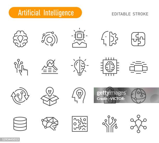 artificial intelligence icons - line series - editable stroke - brain and technology stock illustrations