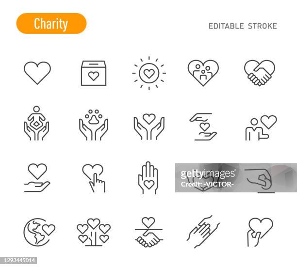 illustrazioni stock, clip art, cartoni animati e icone di tendenza di icone di beneficenza - serie linea - tratto modificabile - mano