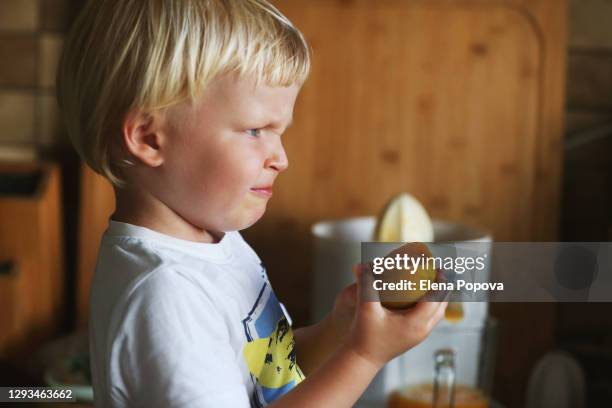 cute toddler boy making fresh citrus juice at home - sabor amargo fotografías e imágenes de stock