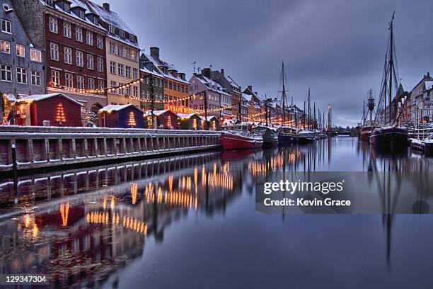 reflection of houses - winter denmark stock pictures, royalty-free photos & images