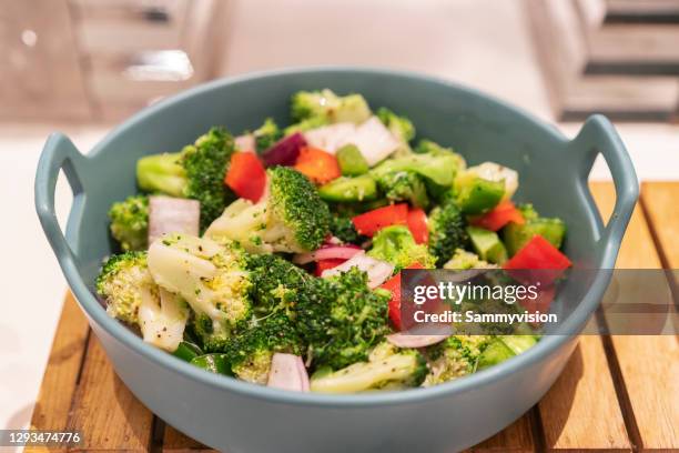 close-up of vegetable salad in the bowl - red bell pepper stock pictures, royalty-free photos & images