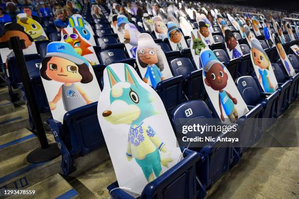 Cutout photos of characters from the game Animal Crossing are on display before the game between the Detroit Lions and the Tampa Bay Buccaneers at...